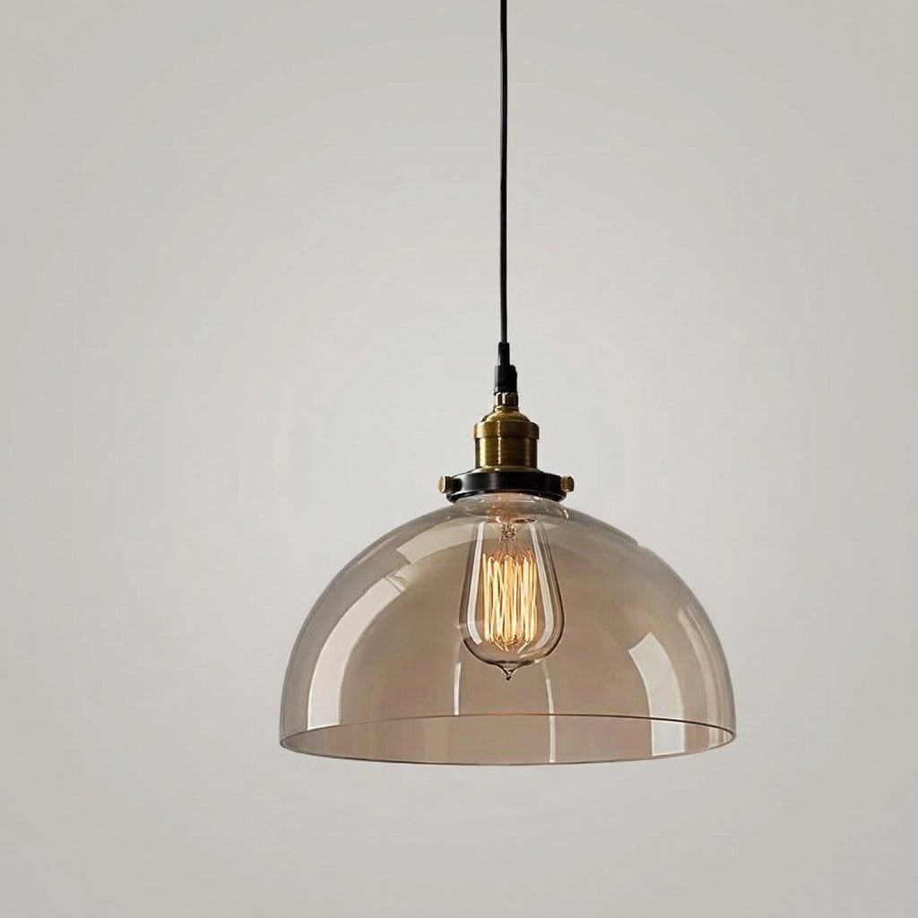 Industrial Dome Glass Pendant Light With Vintage Metal And Amber Shade