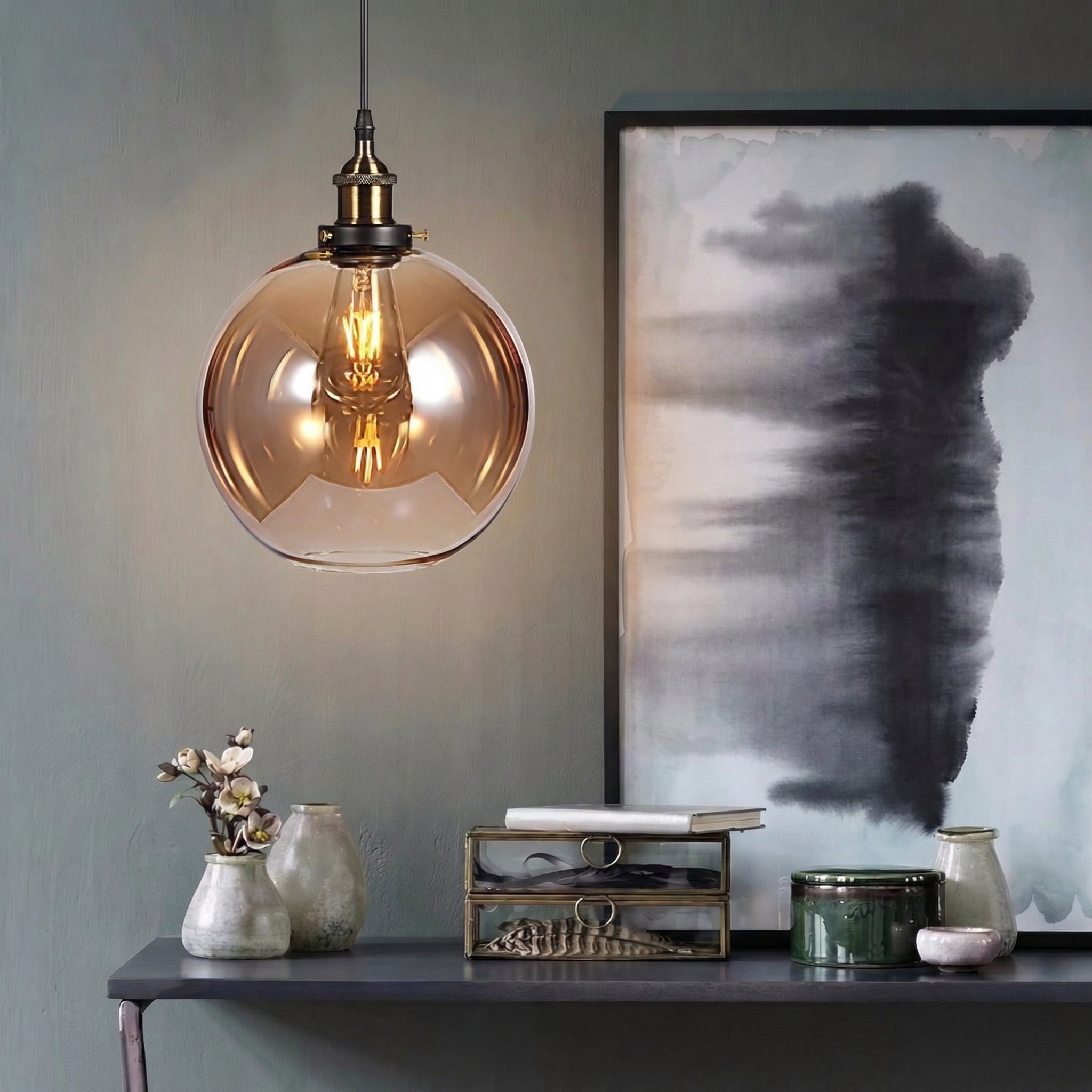 Vintage Round Glass Globe Pendant Light With Brass Ceiling Lamp