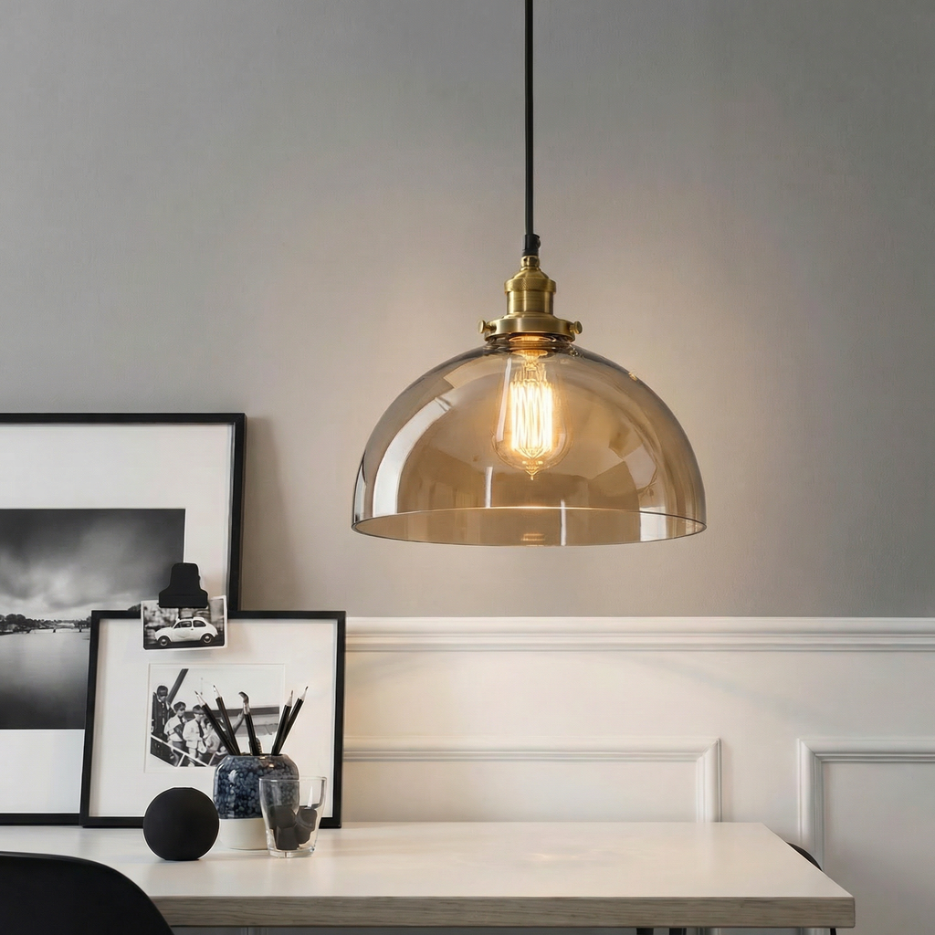 Industrial Dome Glass Pendant Light With Vintage Metal And Amber Shade