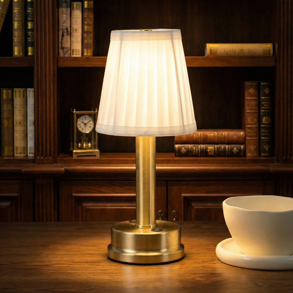 Nordic Rechargeable LED Table Lamp With Fabric Shade And Metal Base