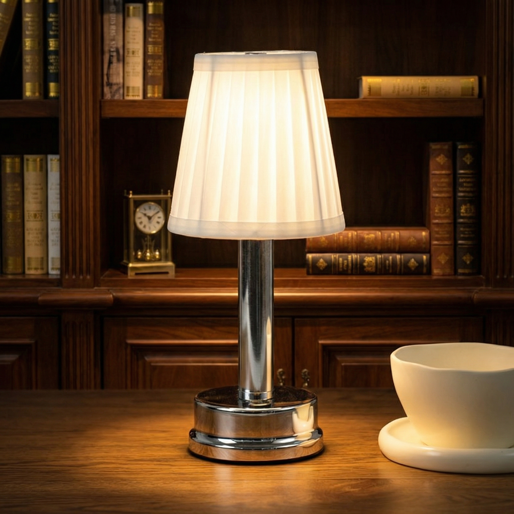 Nordic Rechargeable LED Table Lamp With Fabric Shade And Metal Base