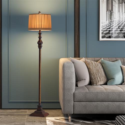 Brown Vintage Floor Lamp With Pleated Fabric Shade And Resin Stand