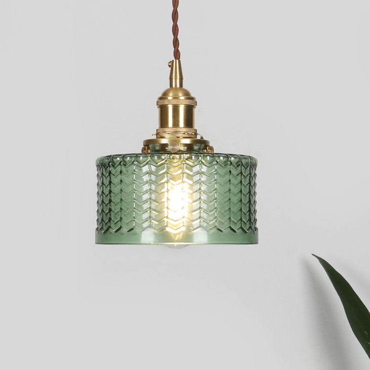 Round Brass Textured Glass Ceiling Pendant Light With Copper Socket