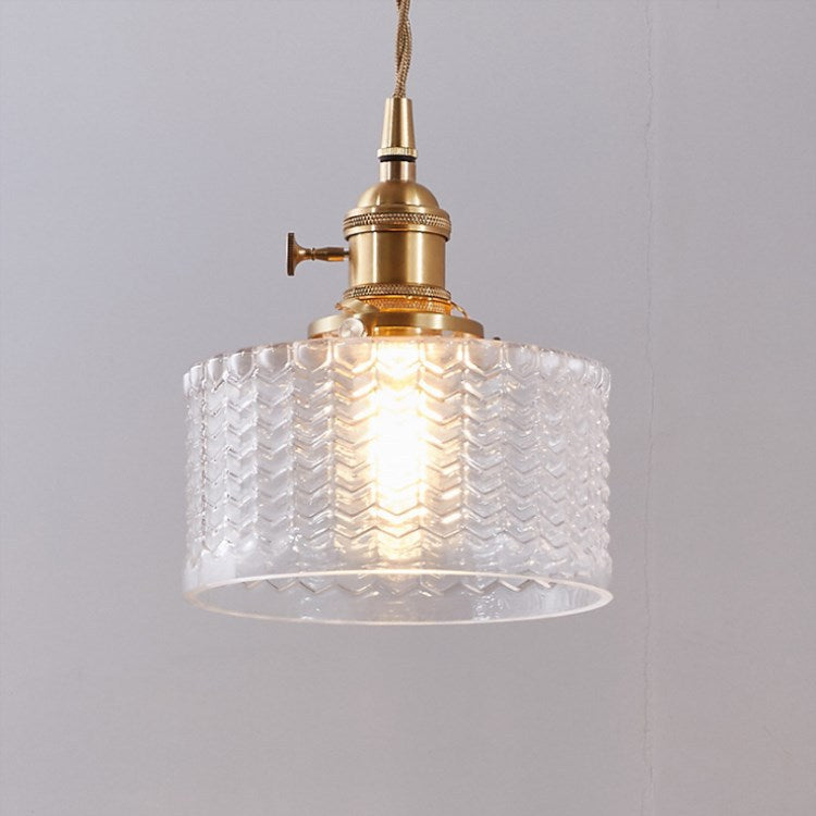 Round Brass Textured Glass Ceiling Pendant Light With Copper Socket
