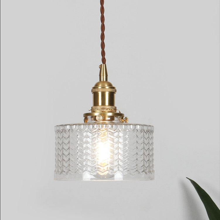 Round Brass Textured Glass Ceiling Pendant Light With Copper Socket