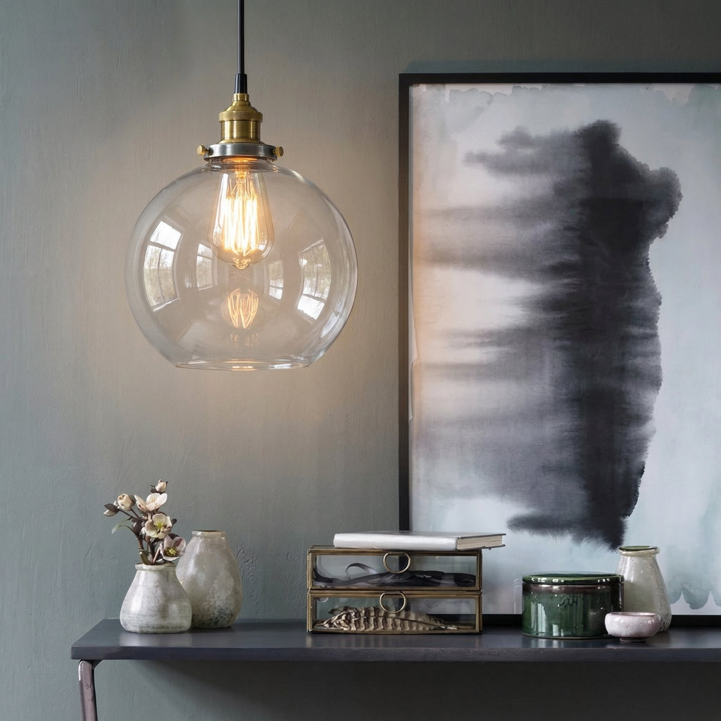 Vintage Round Glass Globe Pendant Light With Brass Ceiling Lamp