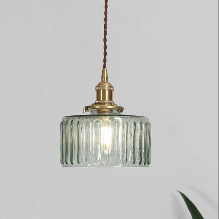 Round Brass Textured Glass Ceiling Pendant Light With Copper Socket