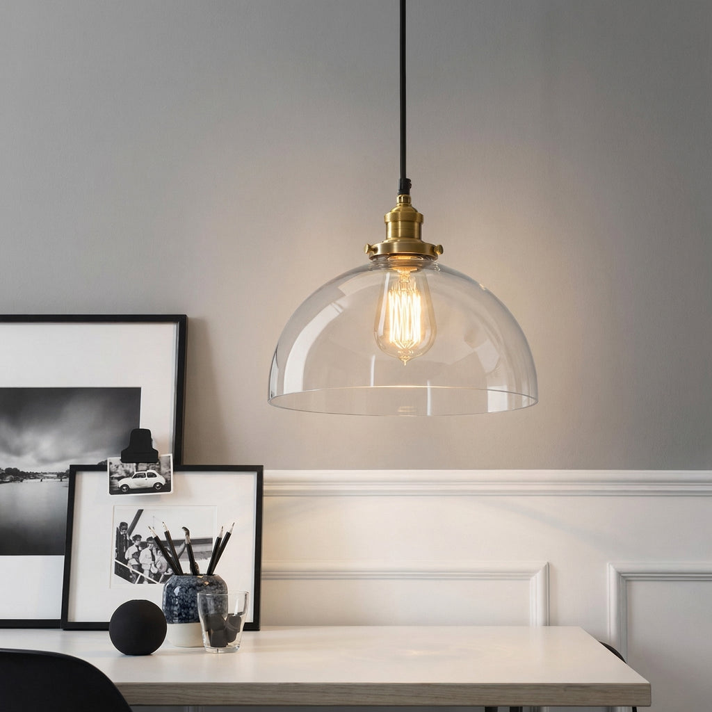 Industrial Dome Glass Pendant Light With Vintage Metal And Amber Shade