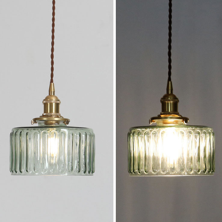 Round Brass Textured Glass Ceiling Pendant Light With Copper Socket