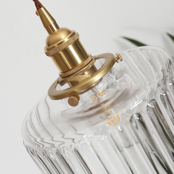 Round Brass Textured Glass Ceiling Pendant Light With Copper Socket
