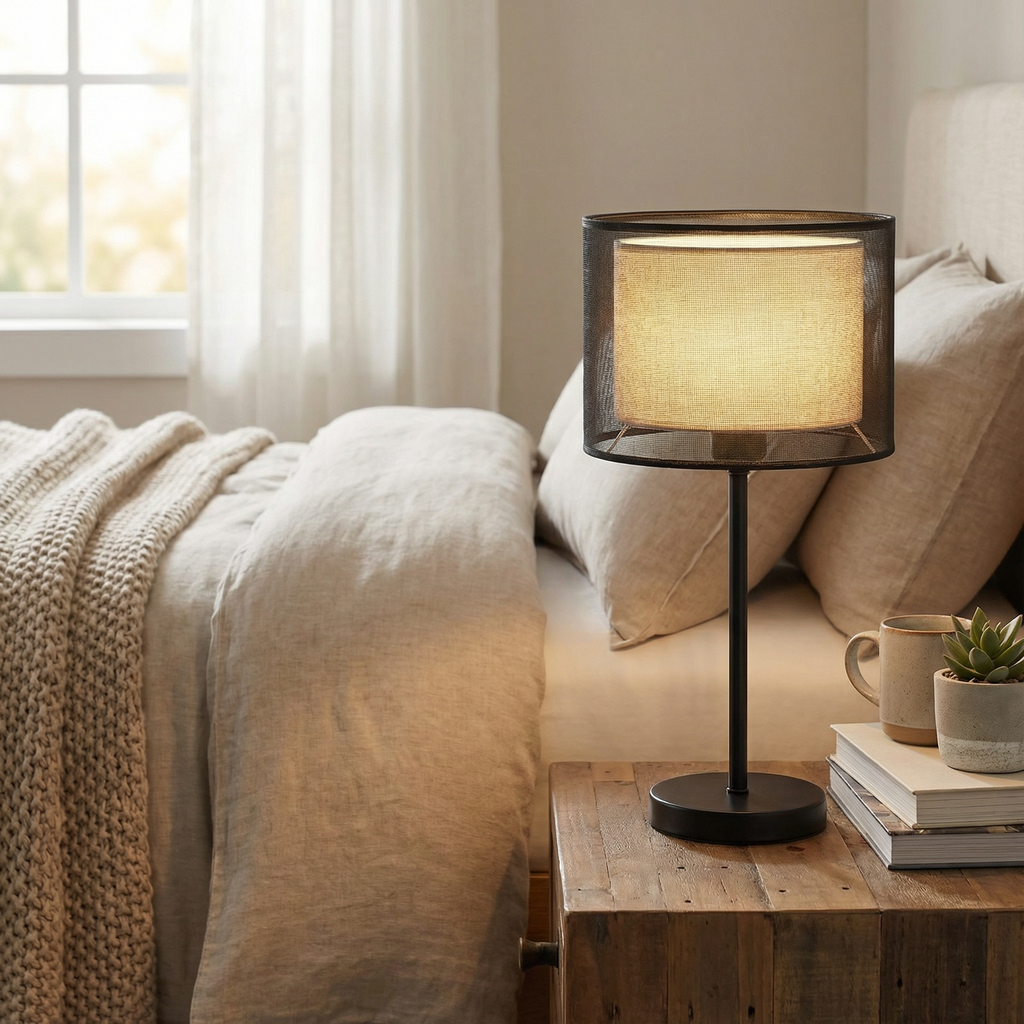 LumaGlow Black Mesh Table Lamp With Dual Layer Ambient Lighting
