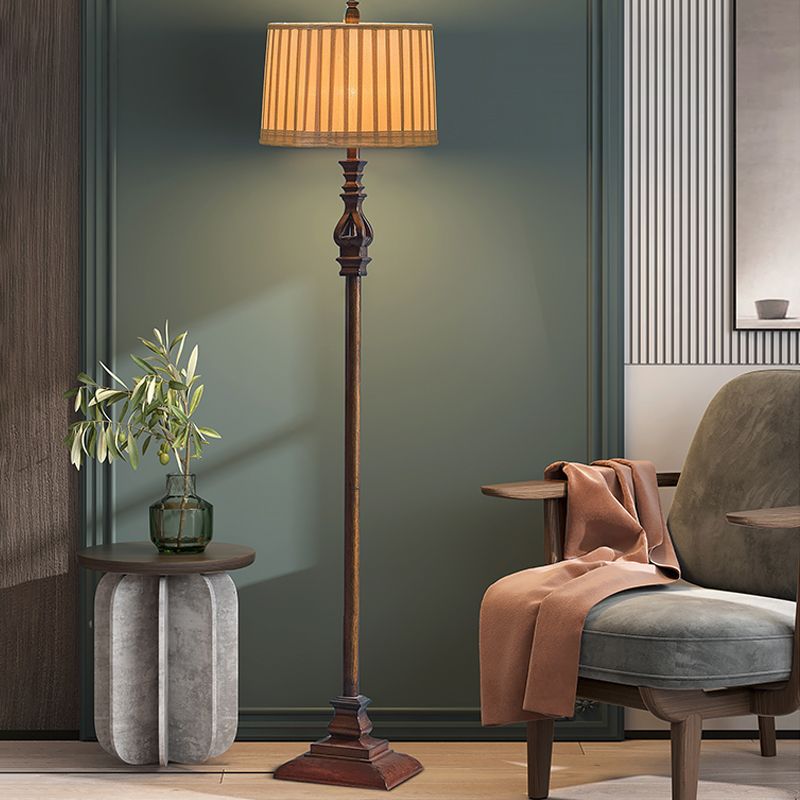 Brown Vintage Floor Lamp With Pleated Fabric Shade And Resin Stand