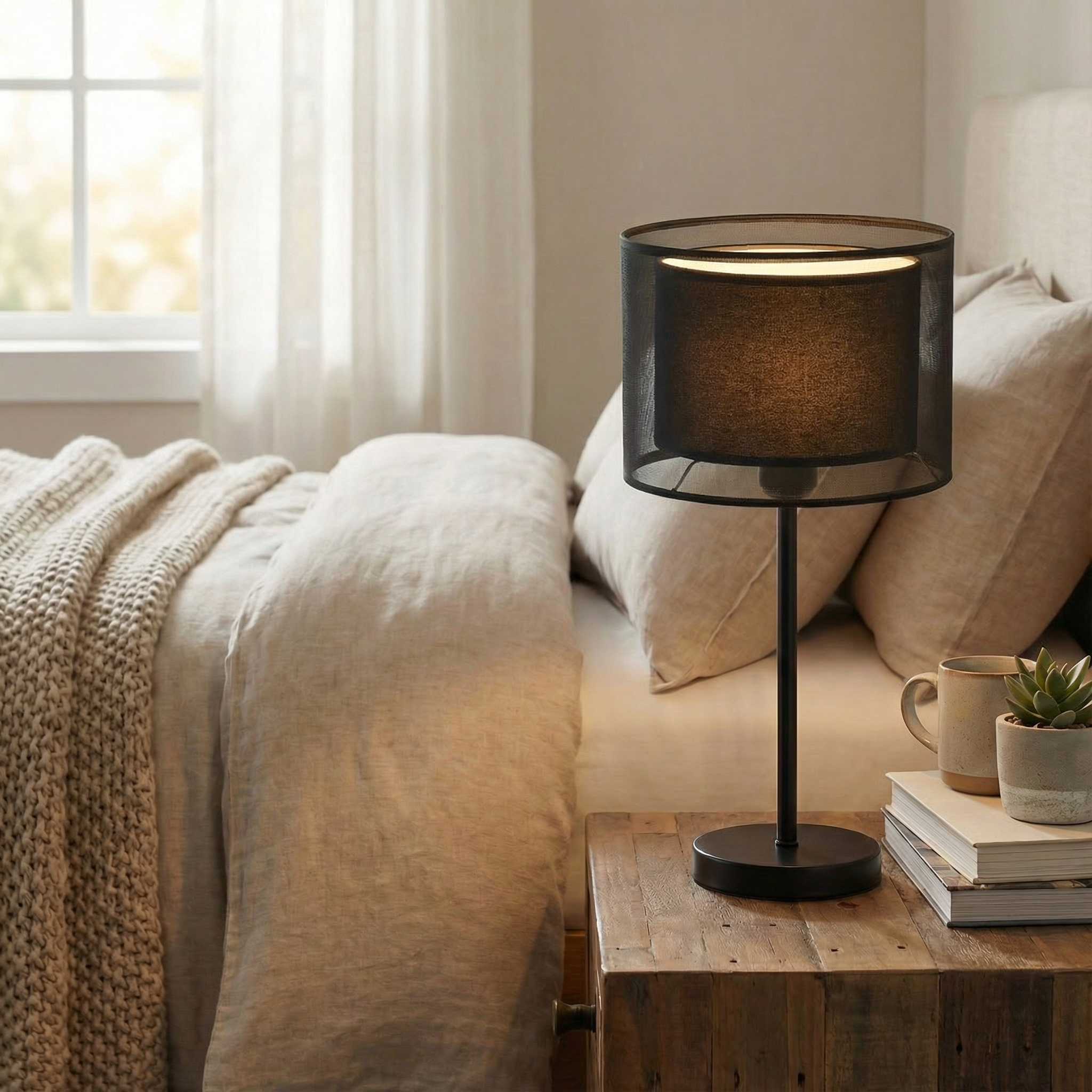 LumaGlow Black Mesh Table Lamp With Dual Layer Ambient Lighting