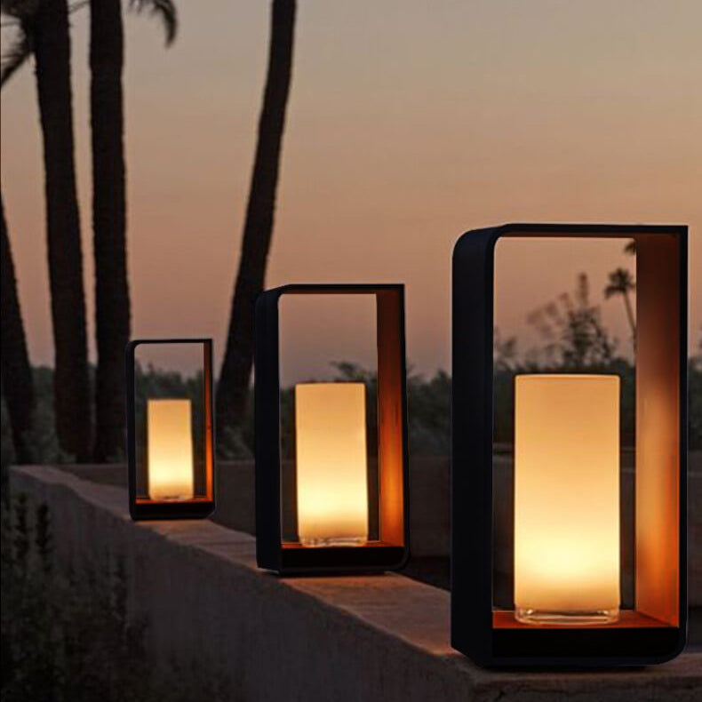 Black Rectangular Solar Outdoor Lantern With Frosted Glass Diffuser