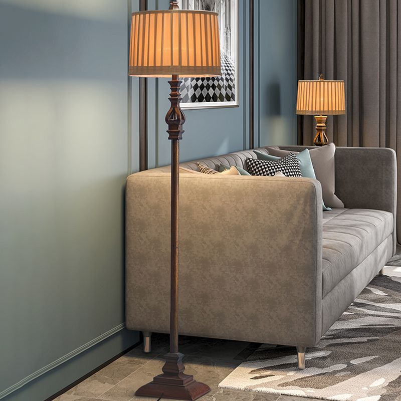 Brown Vintage Floor Lamp With Pleated Fabric Shade And Resin Stand