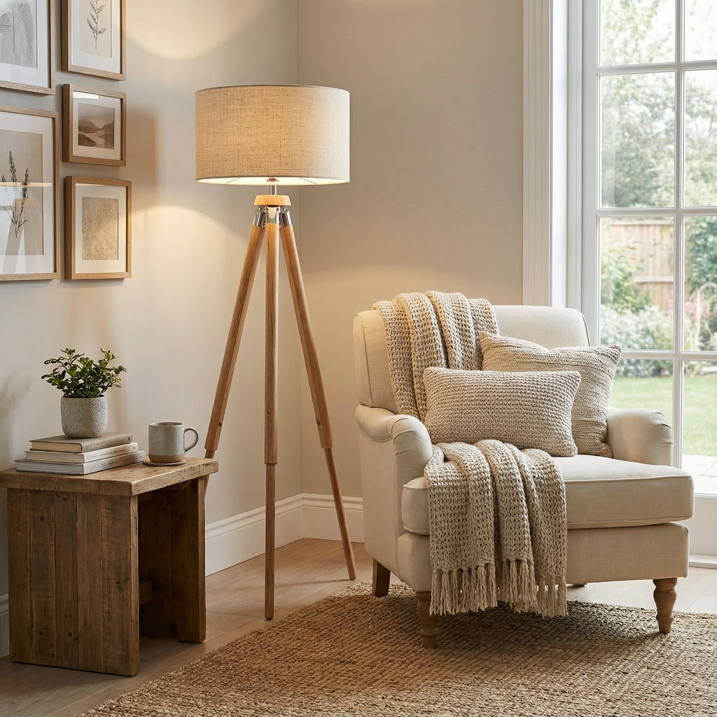 Luminara Tripod Floor Lamp With Wood Base And Fabric Shade