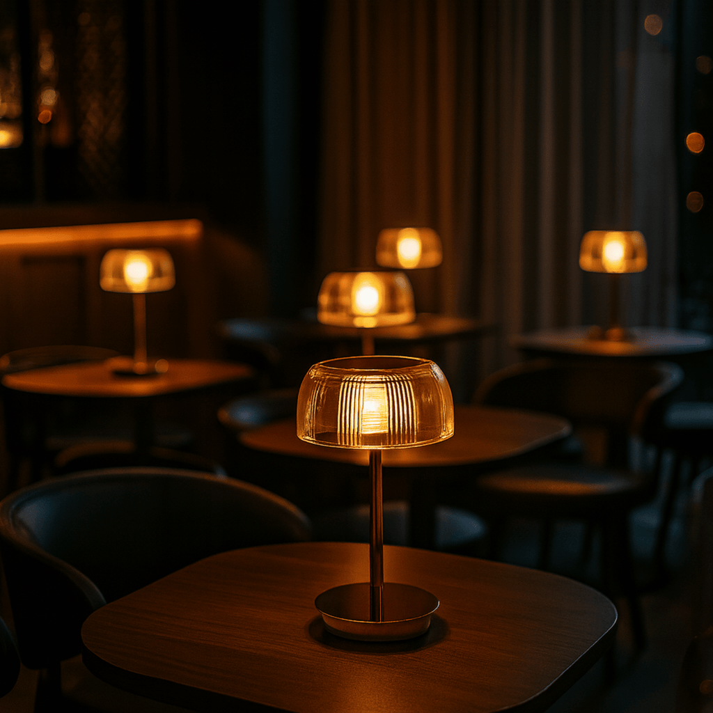 Rechargeable LED Glass Table Lamp With Ribbed Shade And Metal Base