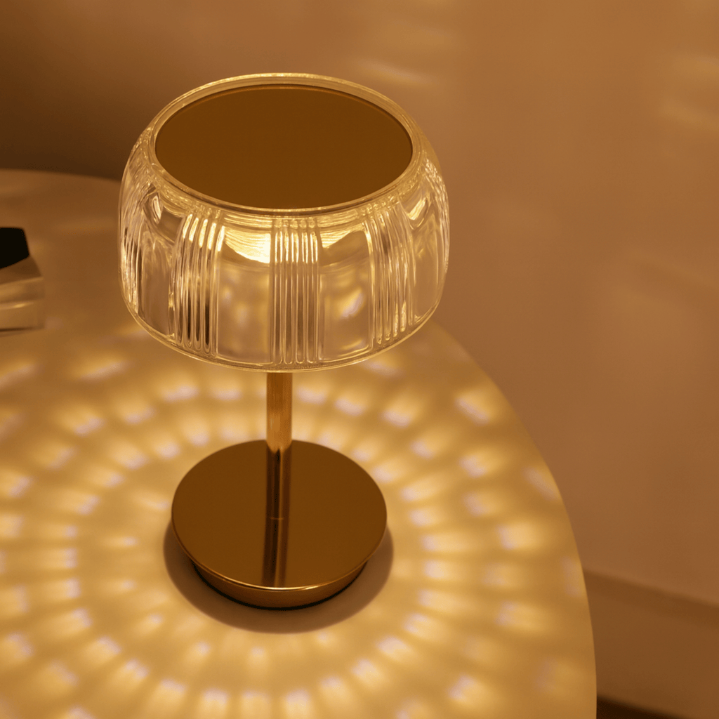 Rechargeable LED Glass Table Lamp With Ribbed Shade And Metal Base