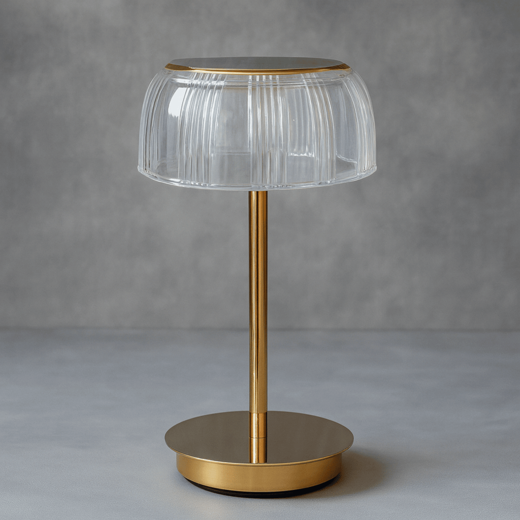 Rechargeable LED Glass Table Lamp With Ribbed Shade And Metal Base