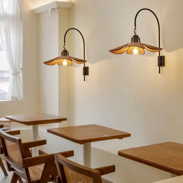 Wabi Sabi Floral Wall Light With Five Petal Linen Shade And Curved Arm