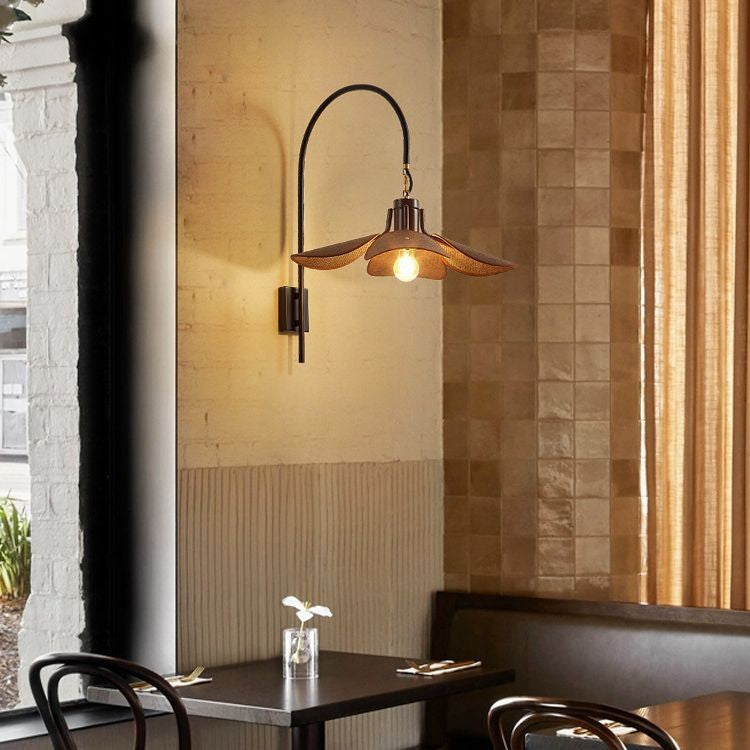 Wabi Sabi Floral Wall Light With Five Petal Linen Shade And Curved Arm