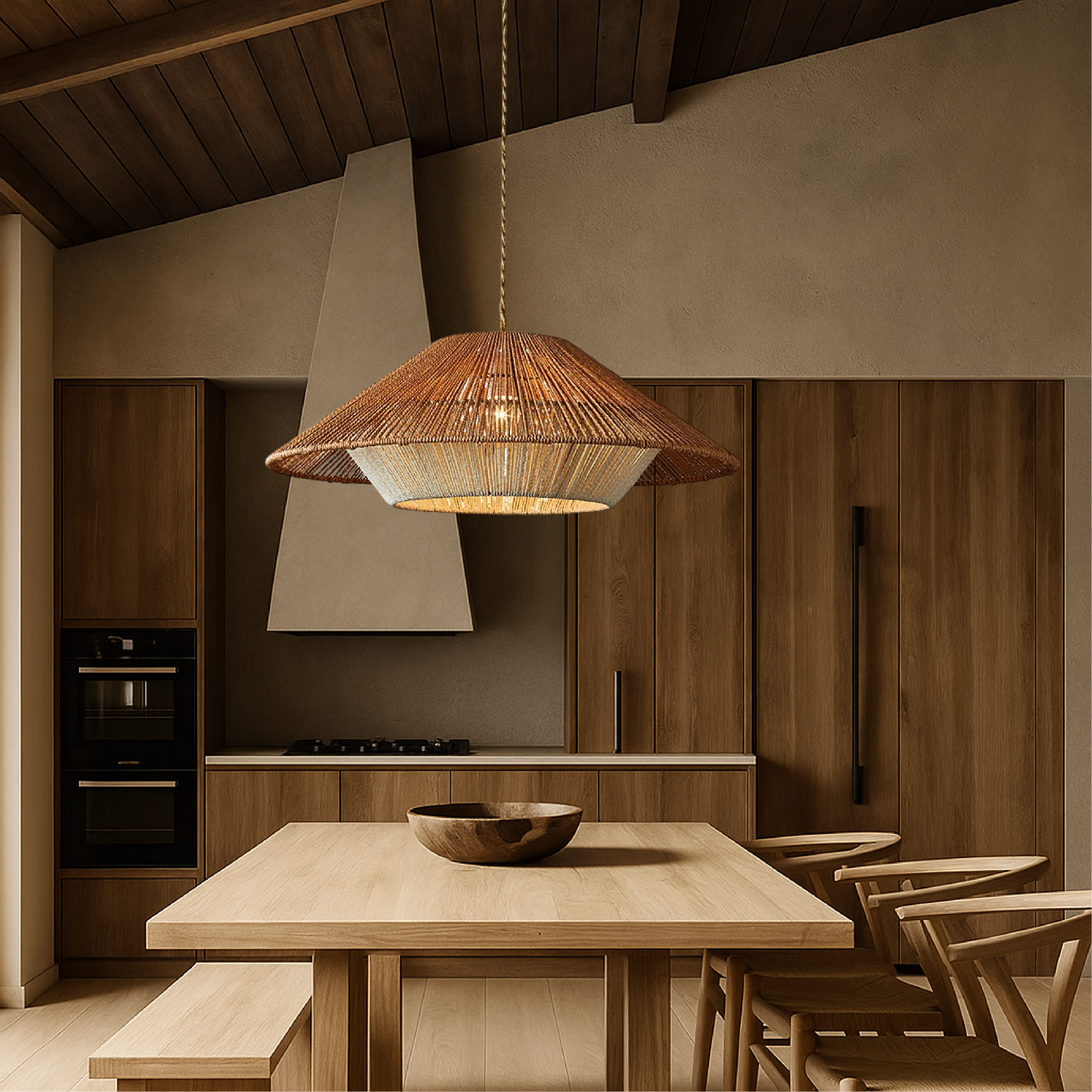 Handcrafted Bamboo Pendant Light Featuring Wide Conical Shade