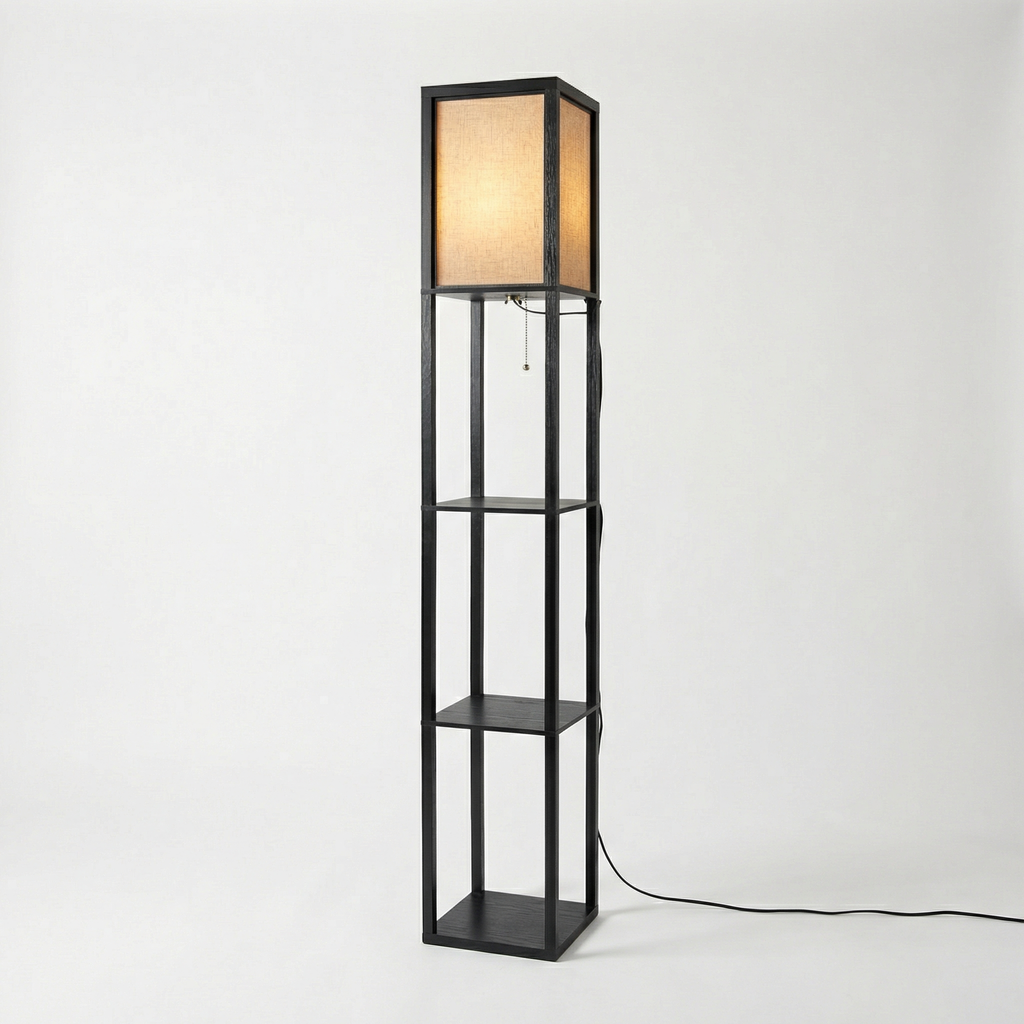 Lumina Home Floor Lamp With Natural Fabric Shade And Storage Shelves