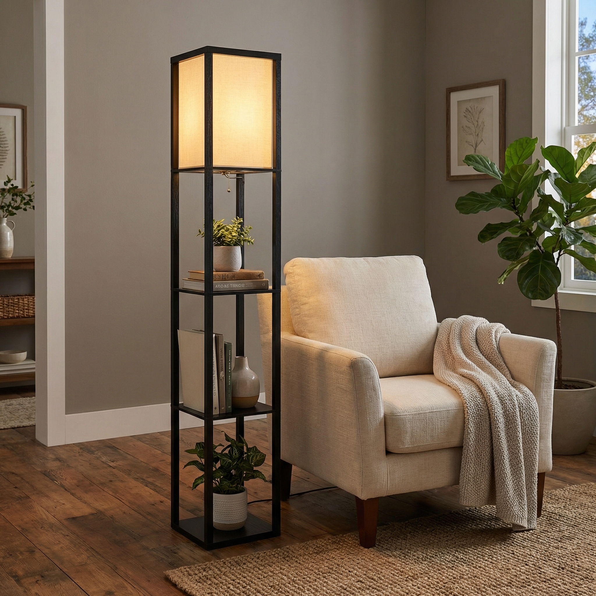 Lumina Home Floor Lamp With Natural Fabric Shade And Storage Shelves