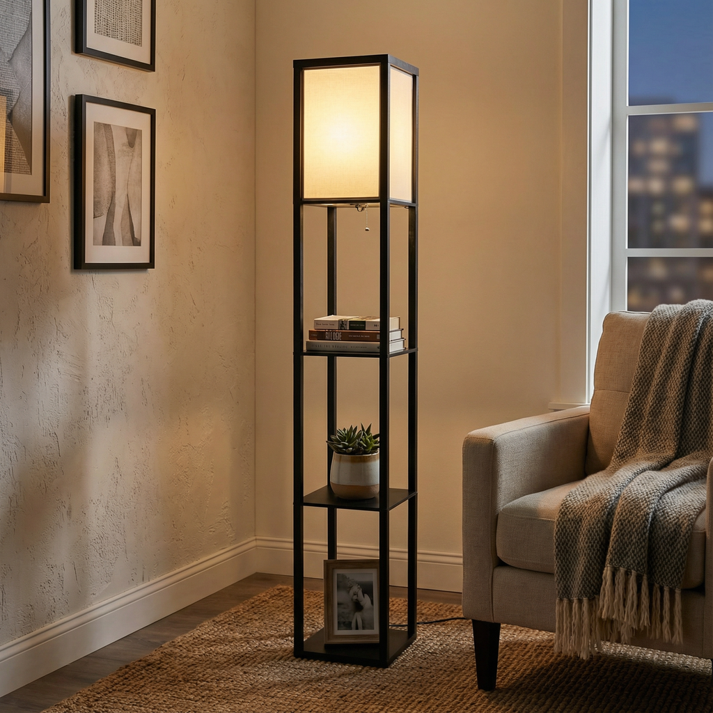 Lumina Home Floor Lamp With Natural Fabric Shade And Storage Shelves