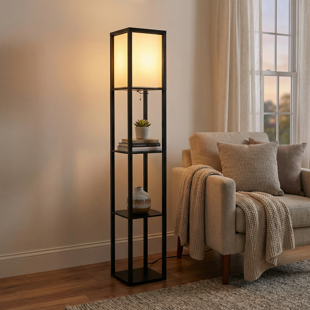 Lumina Home Floor Lamp With Natural Fabric Shade And Storage Shelves