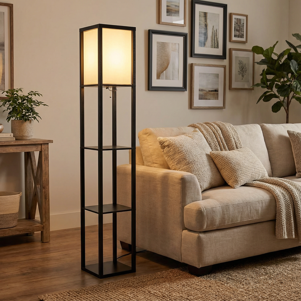 Lumina Home Floor Lamp With Natural Fabric Shade And Storage Shelves