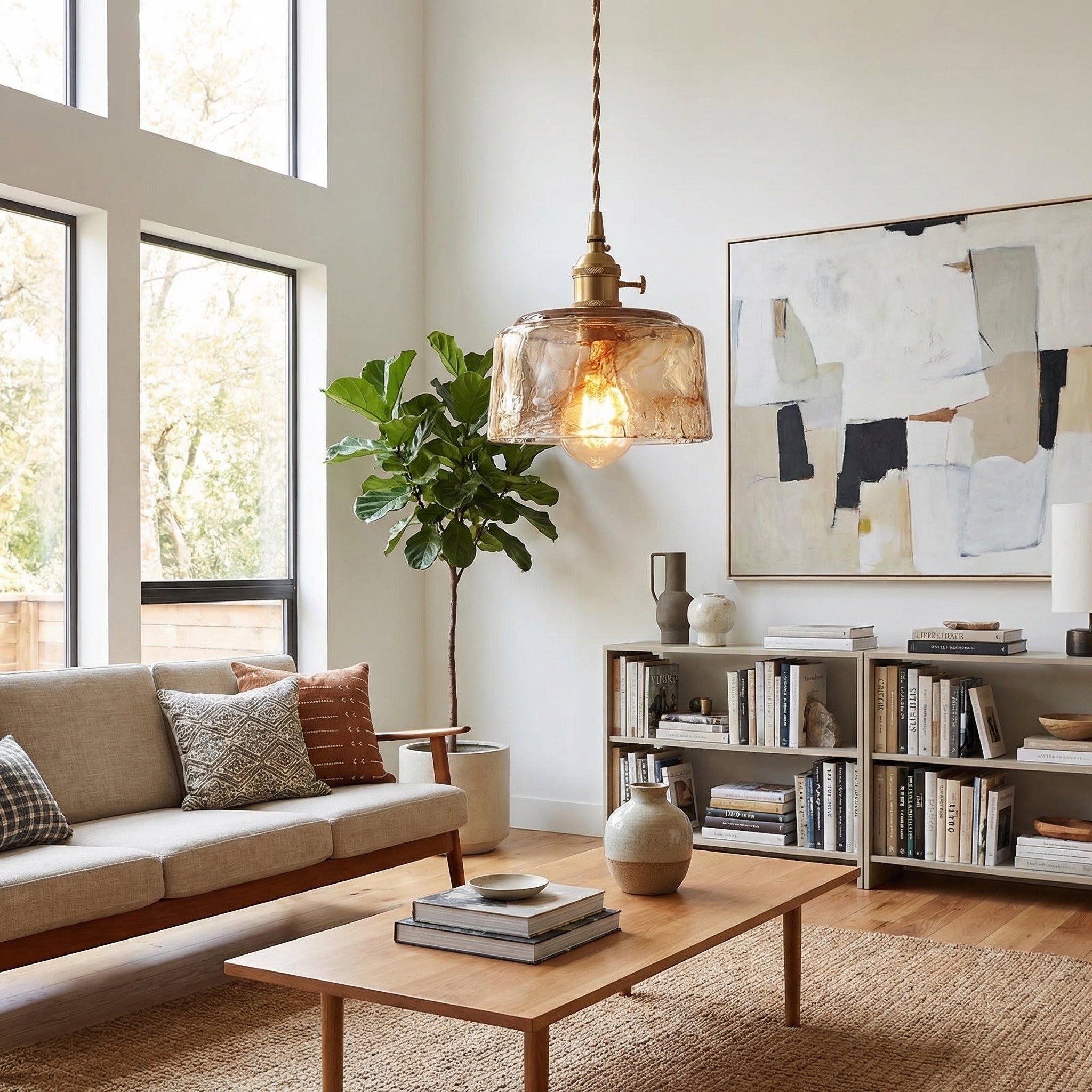 Lumina Amber Glass Dome Pendant Light With Brass Trim