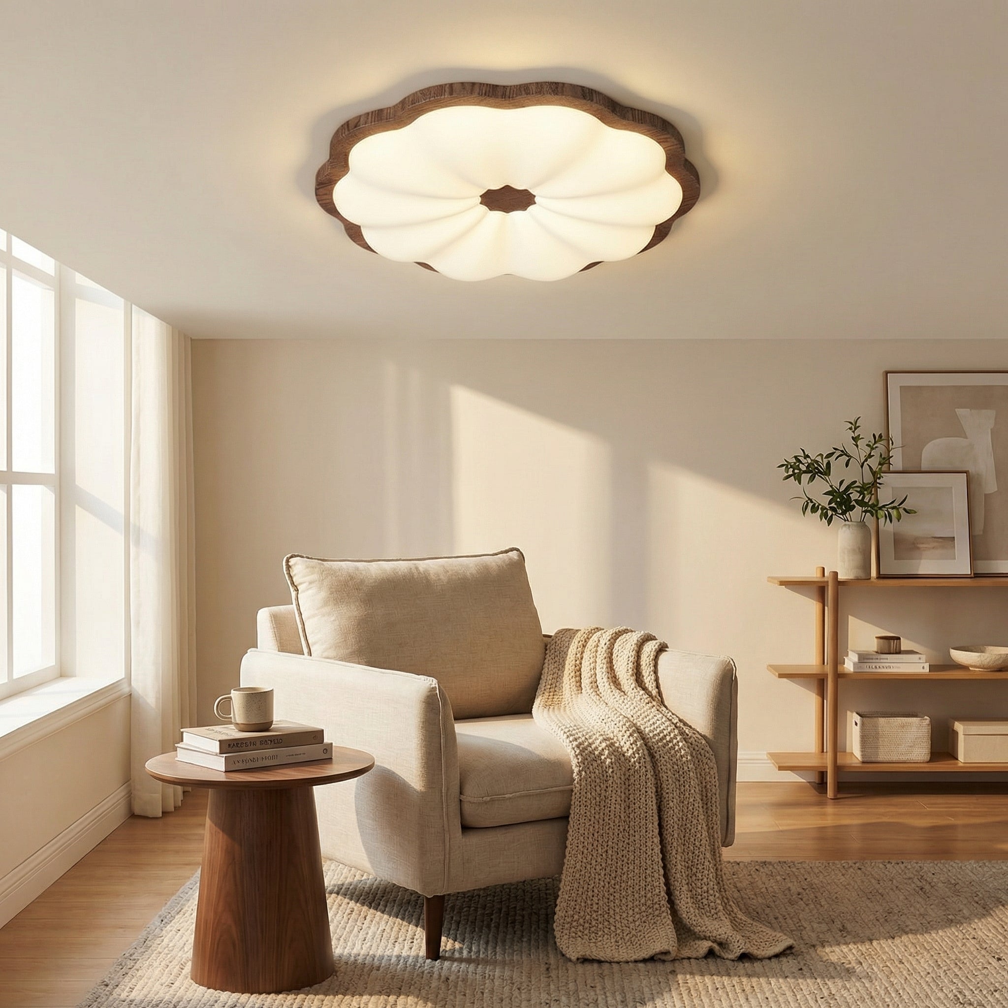 Modern Flower LED Ceiling Light With Warm Wood Grain Trim Decorative