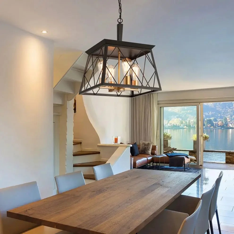 Rectangular Geometric Cage Suspended Ceiling Light With Chain
