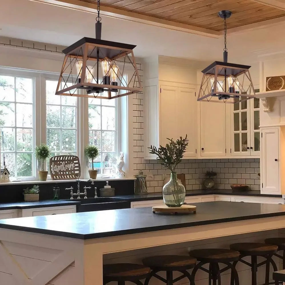 Rectangular Geometric Cage Suspended Ceiling Light With Chain