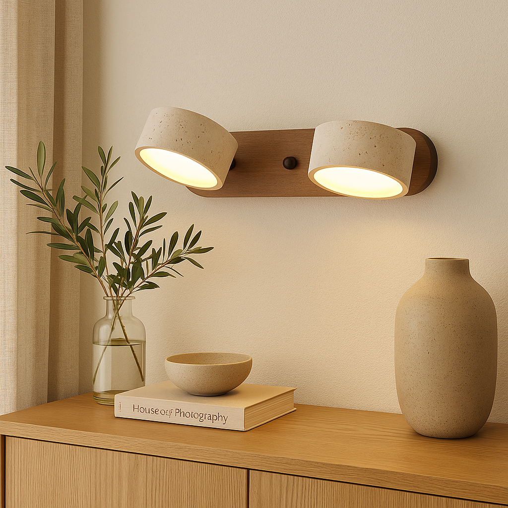 Modern Travertine Stone And Solid Wood Duo Wall Sconce Fixture