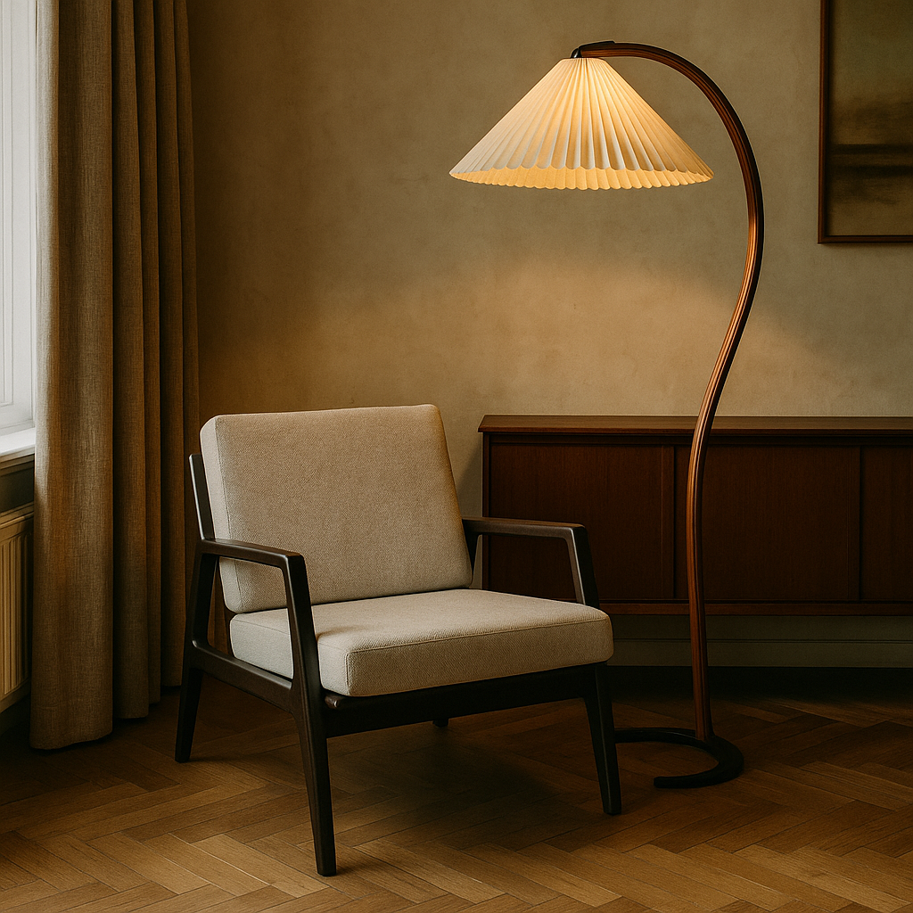 Scandinavian Curved Floor Lamp With Beech Wood Stem And Linen Shade