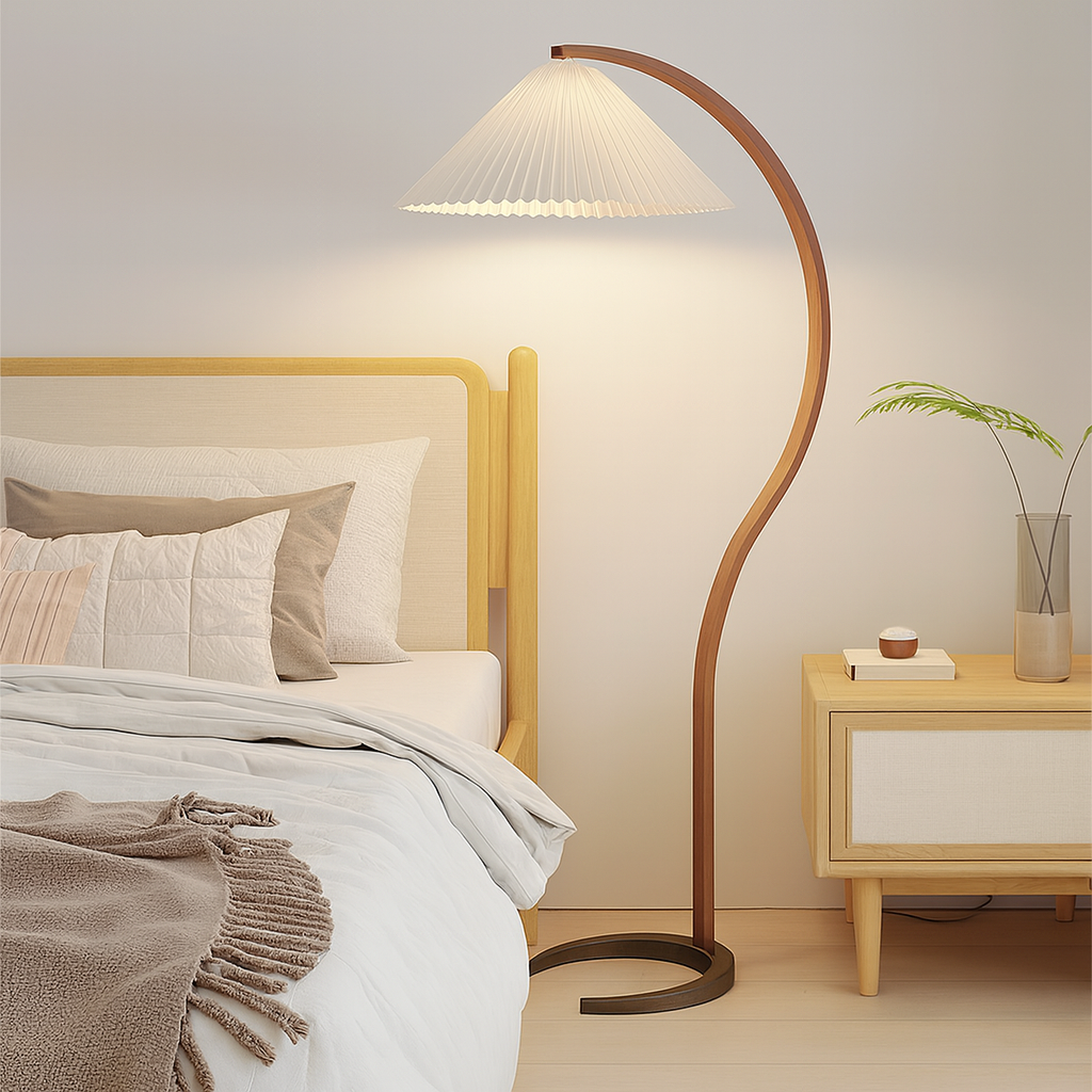 Scandinavian Curved Floor Lamp With Beech Wood Stem And Linen Shade