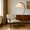 Scandinavian Curved Floor Lamp With Beech Wood Stem And Linen Shade