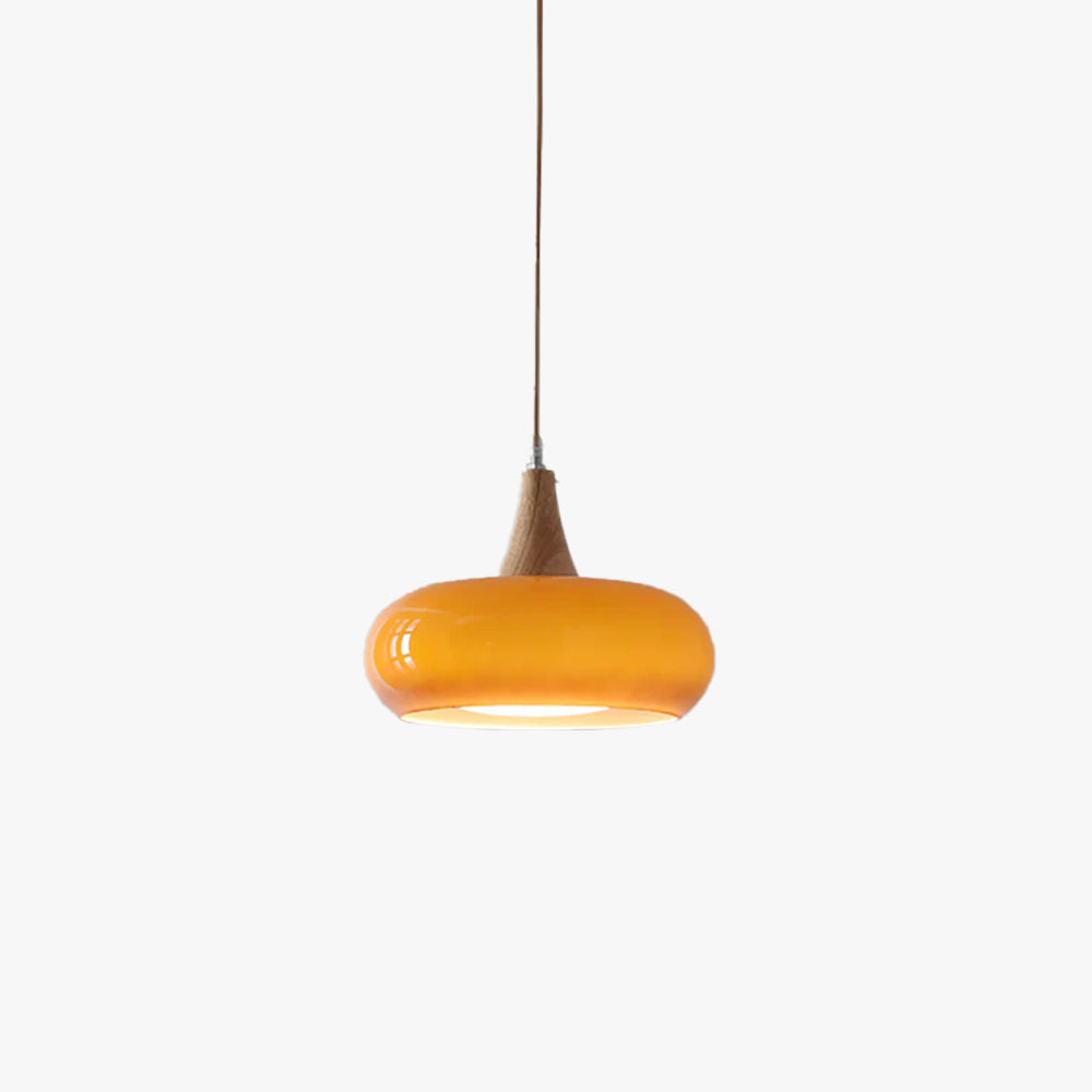 Modern Amber Glass And Round Wood Accent Pendant Light With Metal Frame