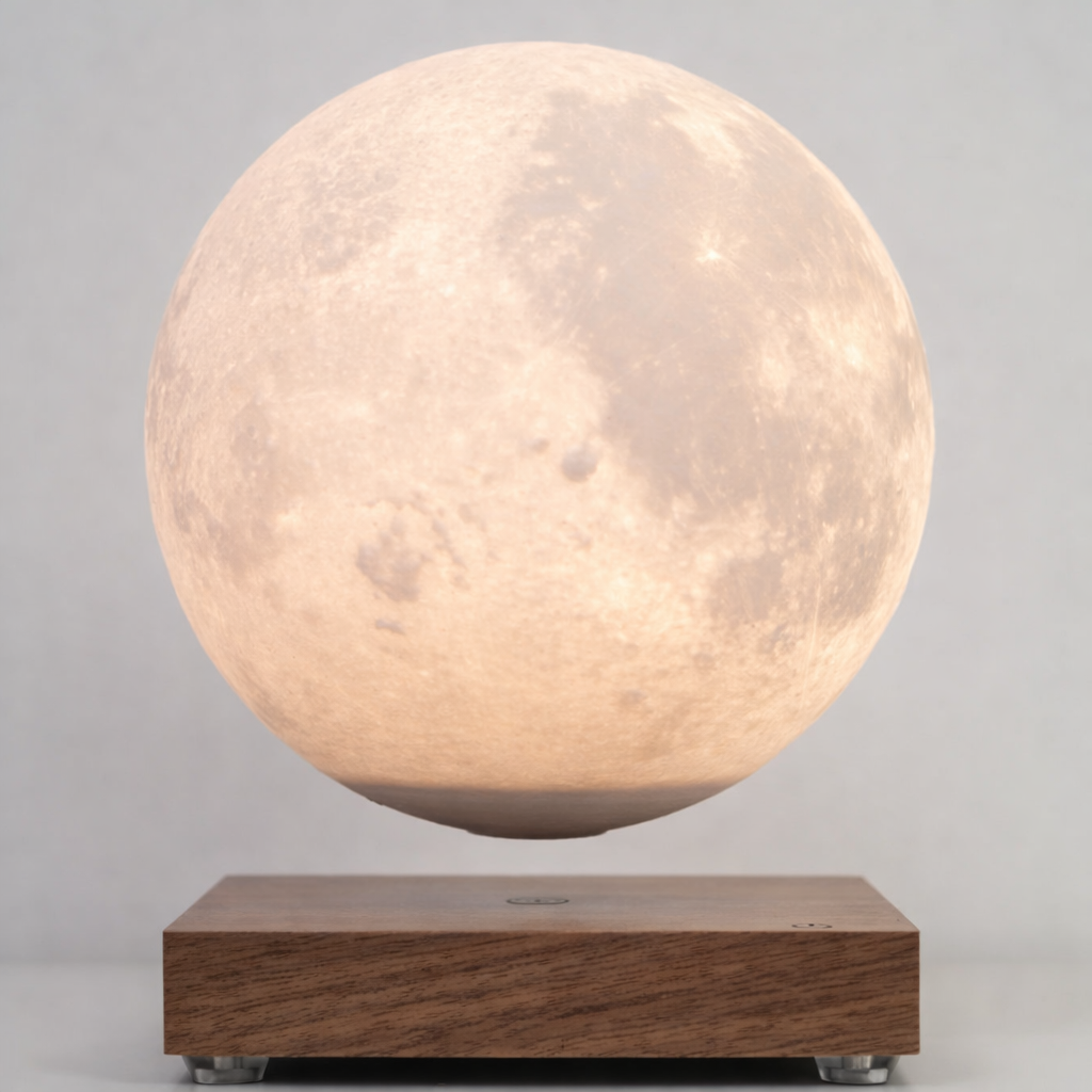 Levitating Moon Shaped LED Night Light With Wooden Base Stand