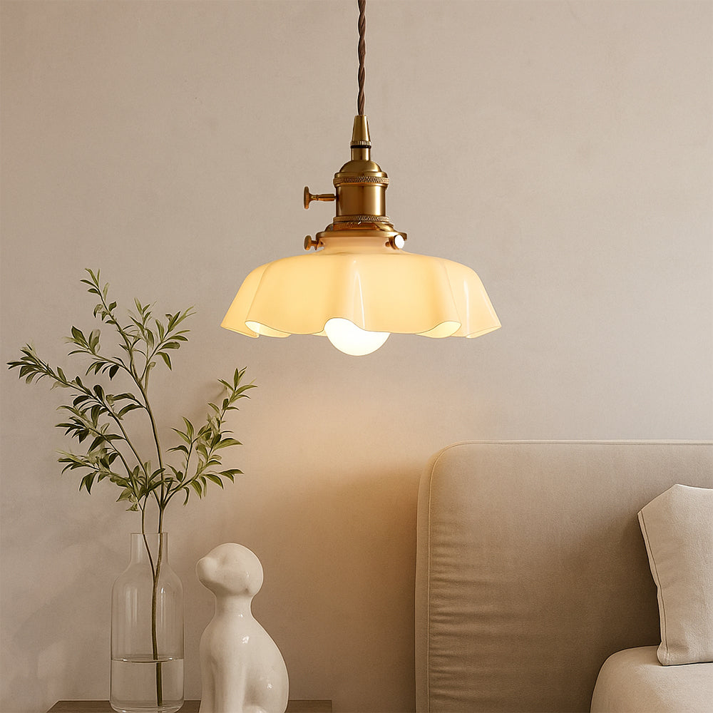 French Style Cream Glass Pendant Light With Brass Fitting And Adjustable Cord