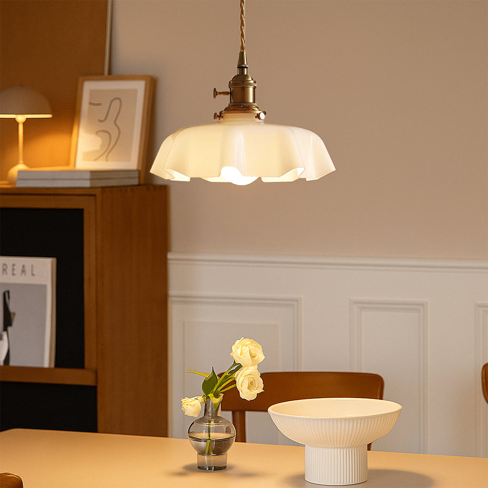 French Style Cream Glass Pendant Light With Brass Fitting And Adjustable Cord