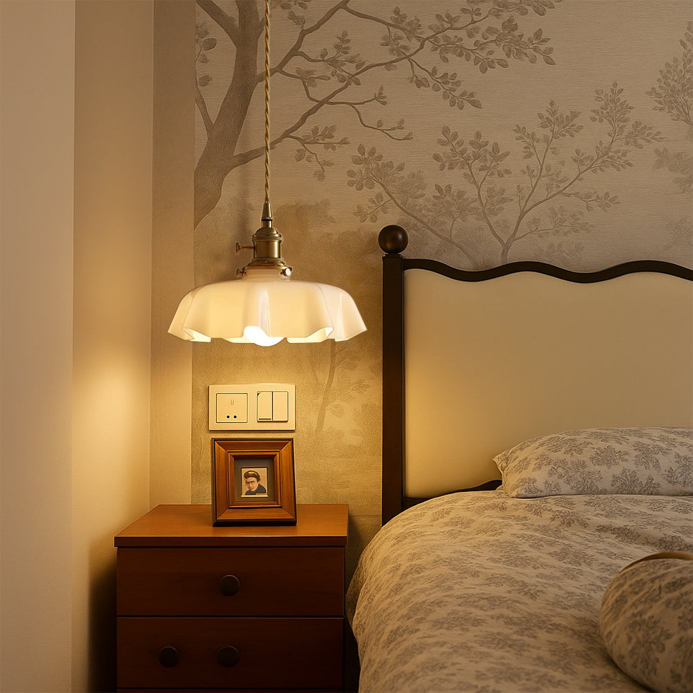 French Style Cream Glass Pendant Light With Brass Fitting And Adjustable Cord