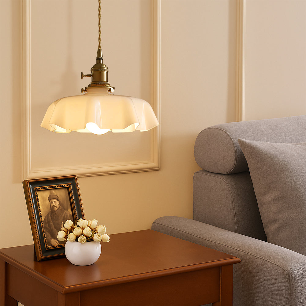 French Style Cream Glass Pendant Light With Brass Fitting And Adjustable Cord