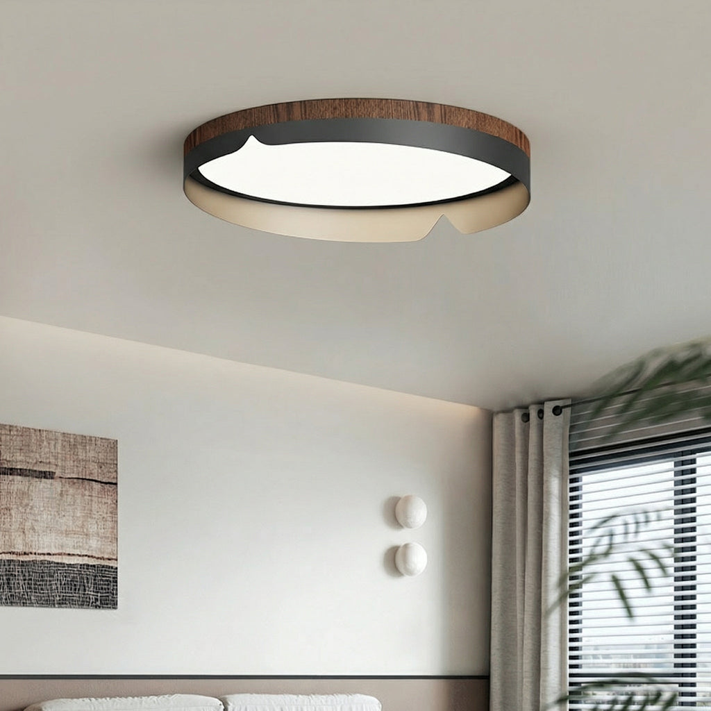 Round Natural Wood Slim Flush Mount Ceiling Light Integrated 38W