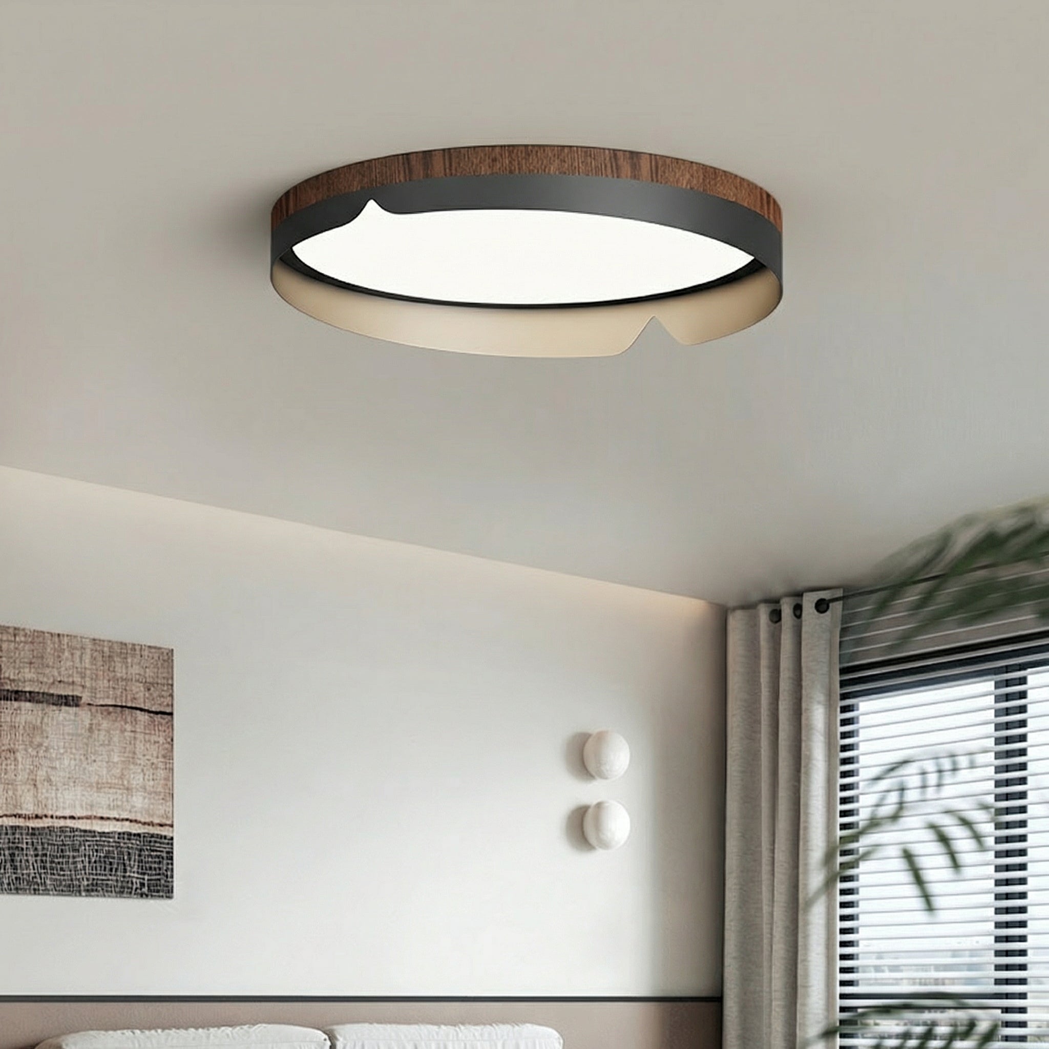 Round Natural Wood Slim Flush Mount Ceiling Light Integrated 38W