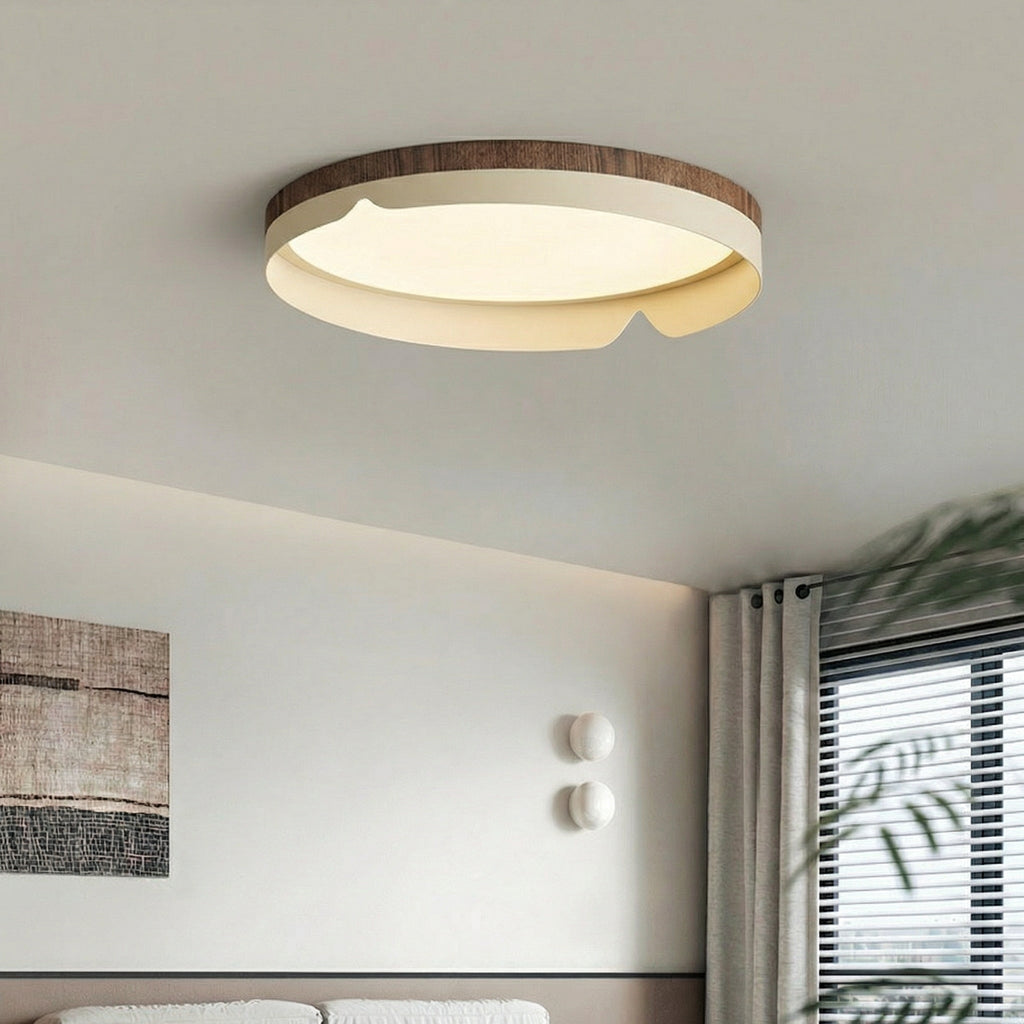 Round Natural Wood Slim Flush Mount Ceiling Light Integrated 38W