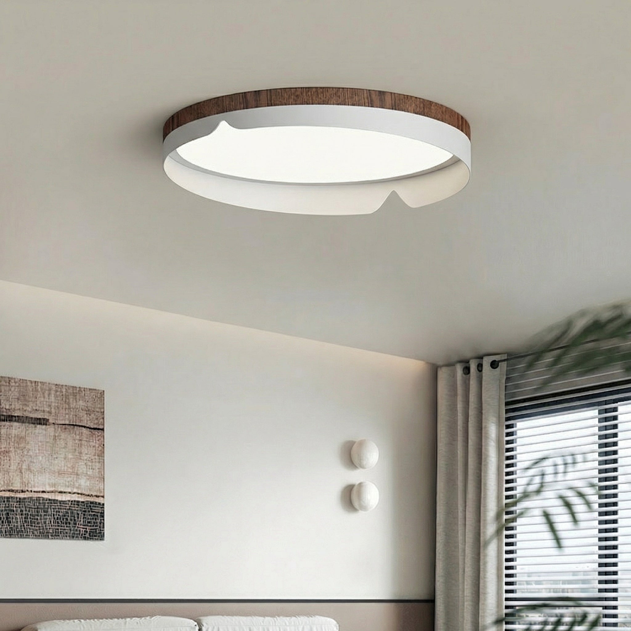 Round Natural Wood Slim Flush Mount Ceiling Light Integrated 38W
