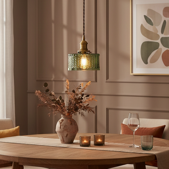Round Brass Textured Glass Ceiling Pendant Light With Copper Socket